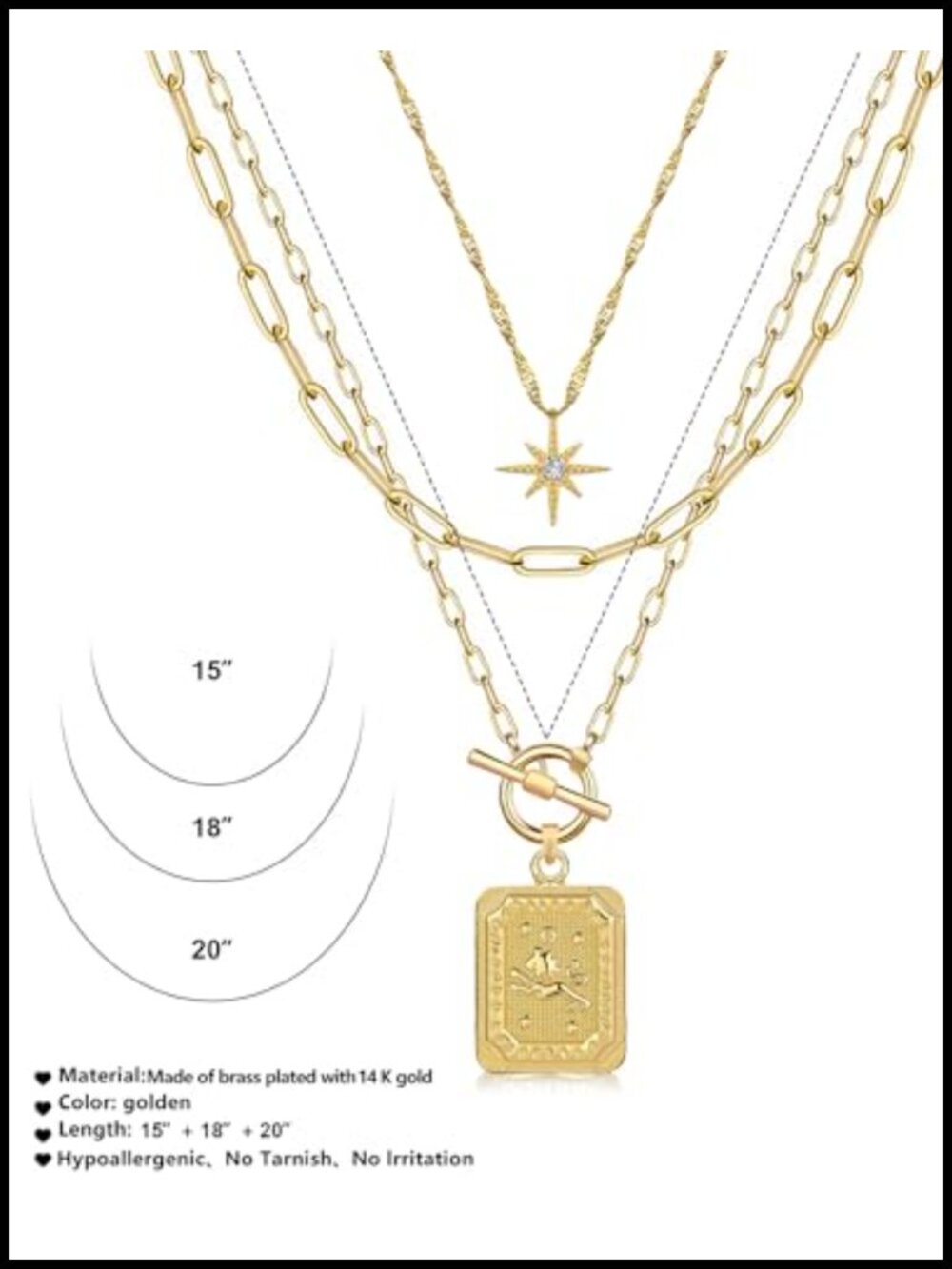 14K Gold Plated Brass Layered Necklace Set with Paperclip Chains and Zodiac - Picture 4 of 6
